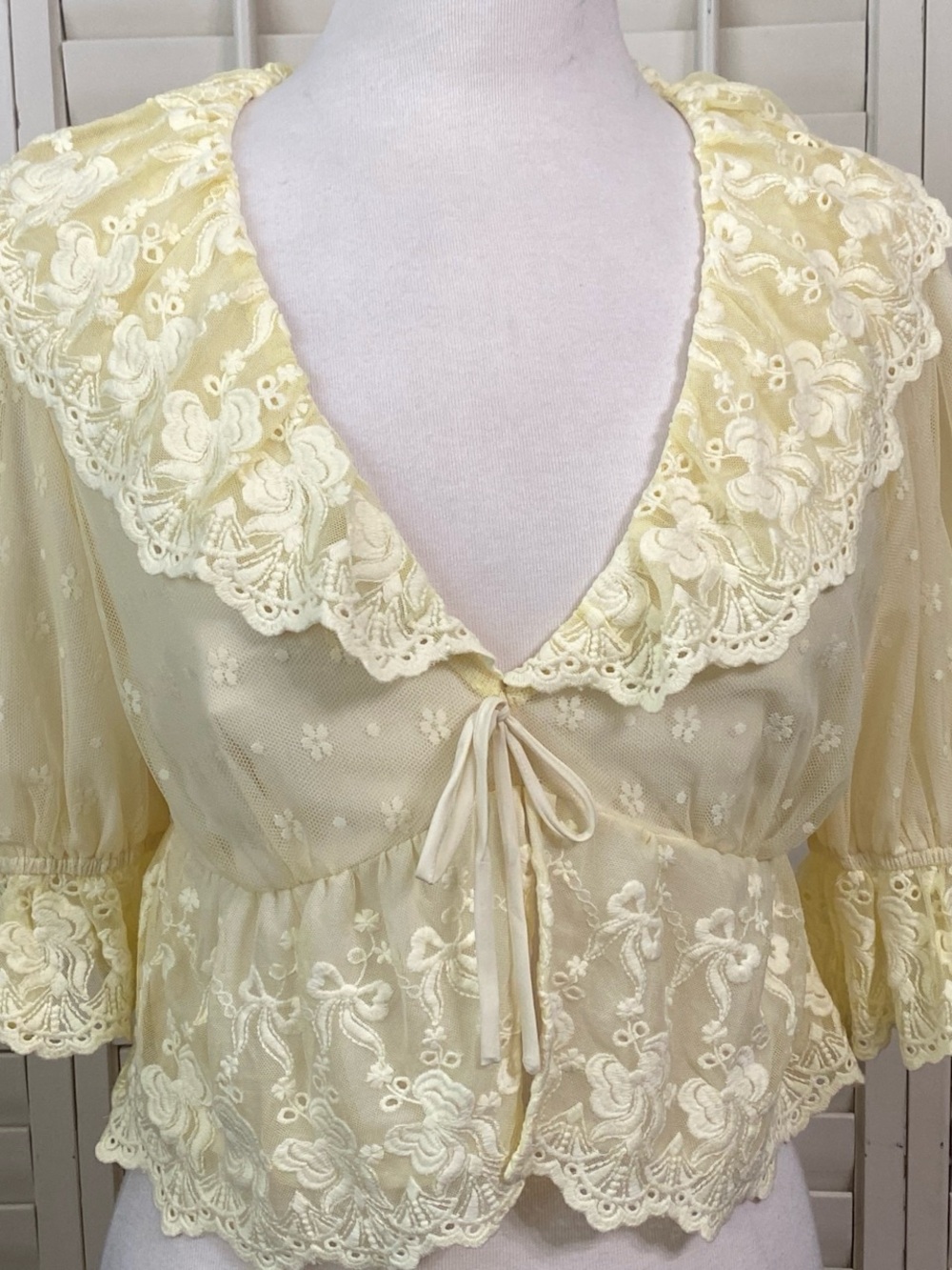 Altar'd State Butter Yellow Lace-Trim Sheer Blouse - Picture 4 of 8